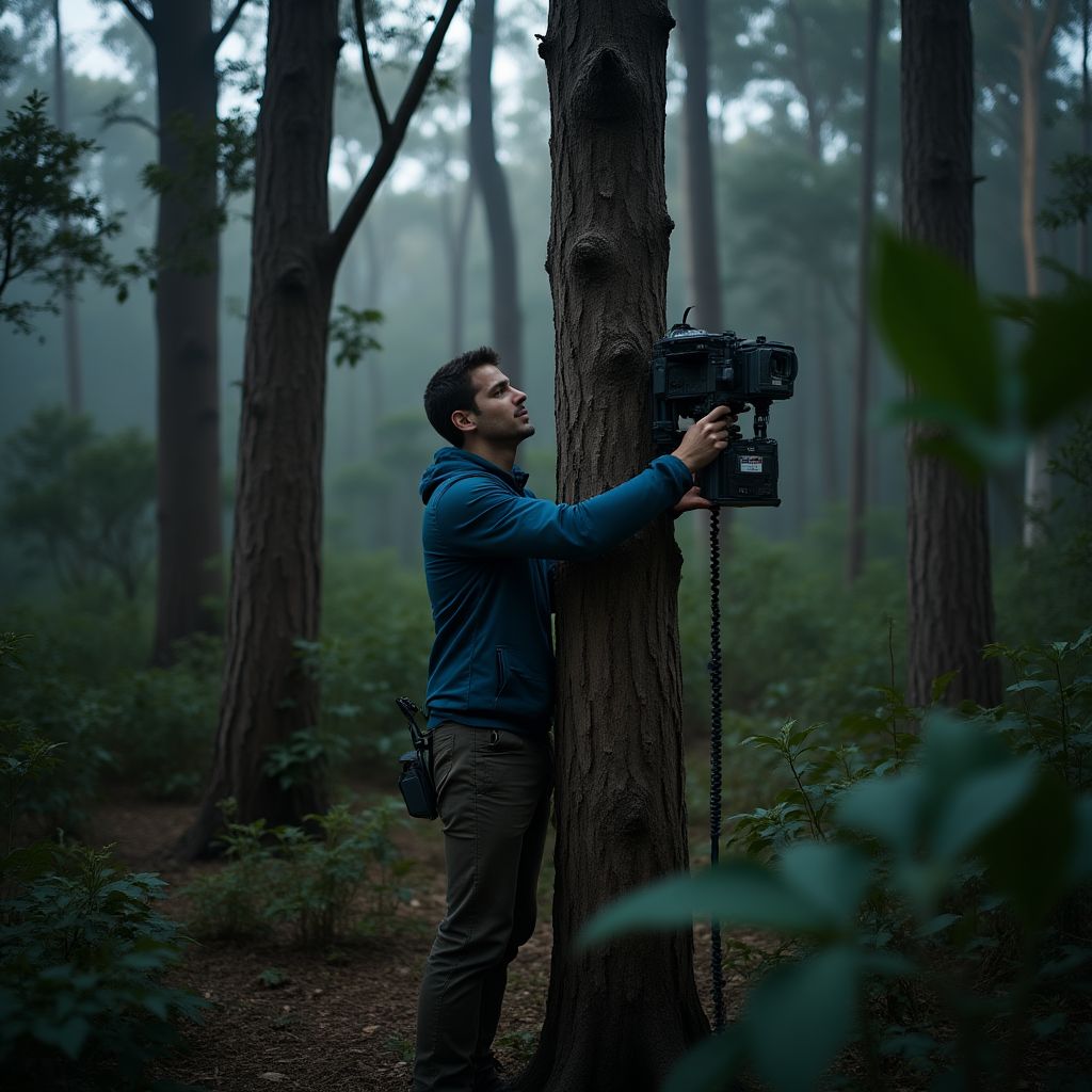 Camera trap setup in nocturnal wildlife area