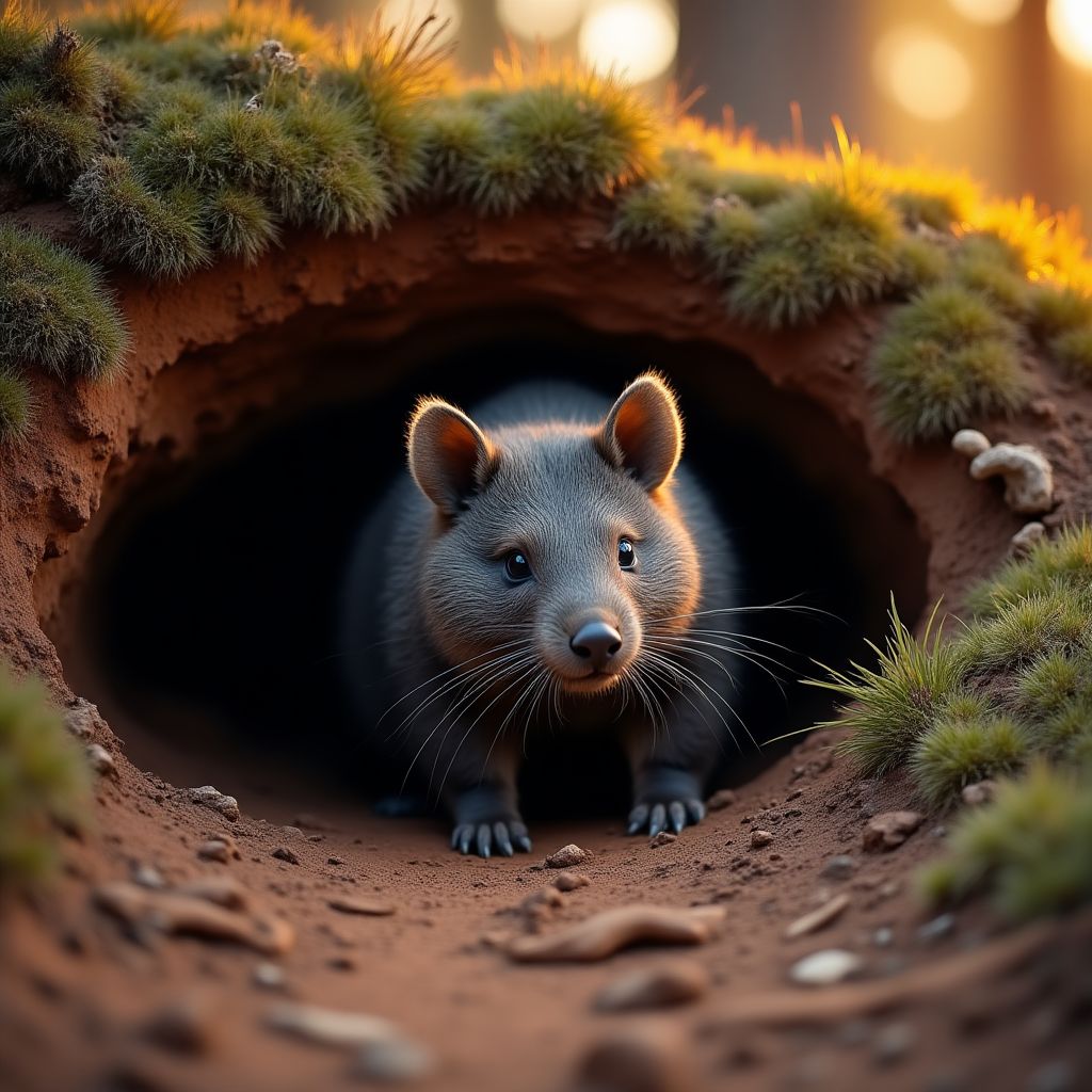 Wombat emerging from its burrow